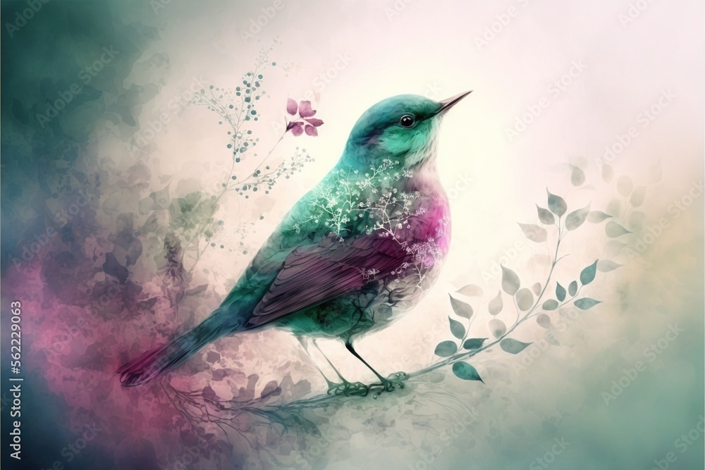 Poster a bird sitting on a branch with a flower in the background and a butterfly in the foreground, with a