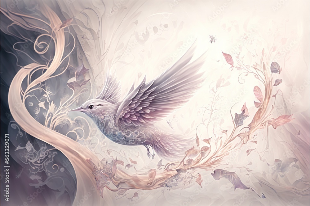 Poster a painting of a bird with wings flying over a tree branch with flowers and leaves on it's side and a