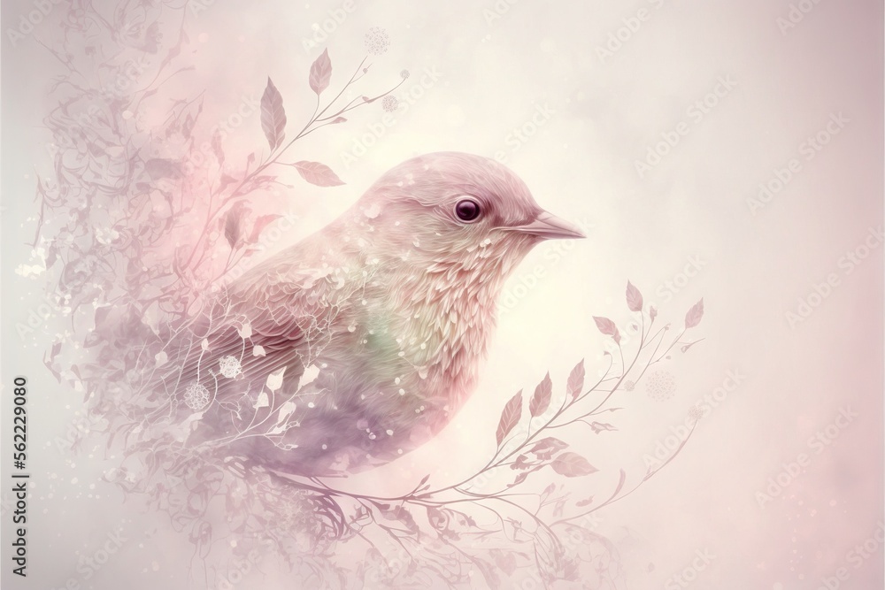 Poster a bird sitting on a branch with leaves on it's back end and a pink background behind it, with a ligh