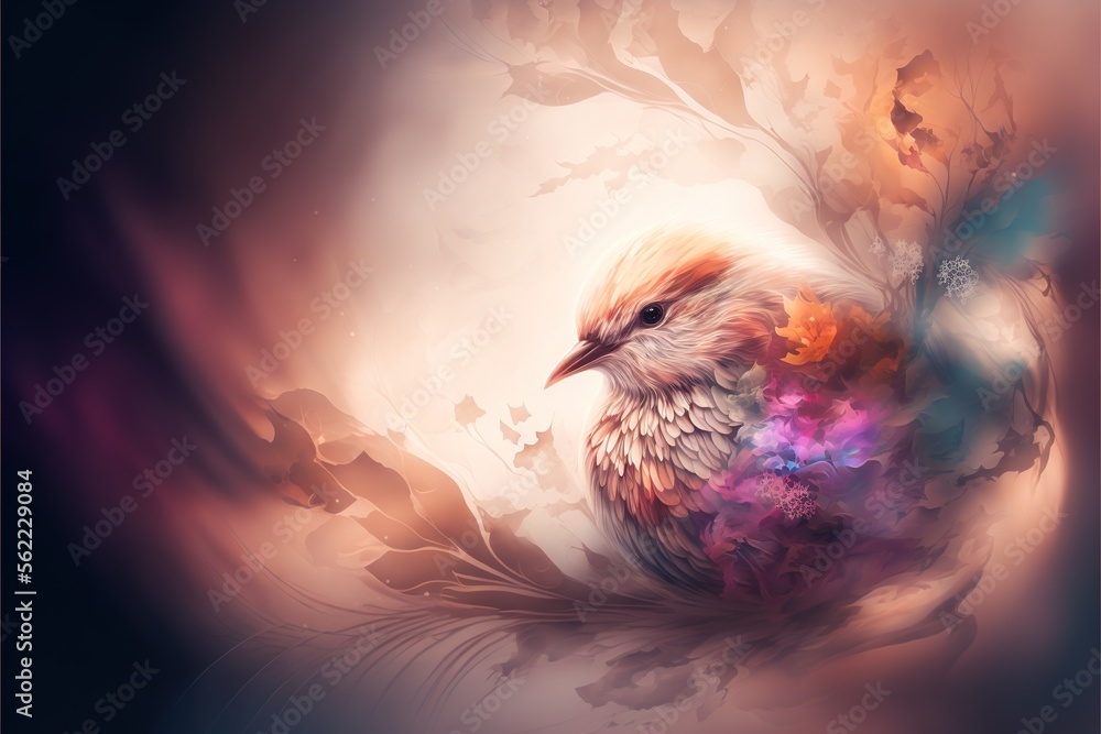 Poster a bird with a colorful background is sitting on a branch of a tree with leaves and flowers in its be