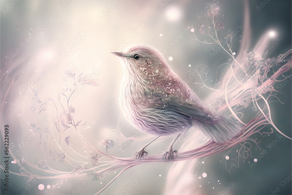 Poster a bird sitting on a branch with a sky background behind it and a light shining through the branches 
