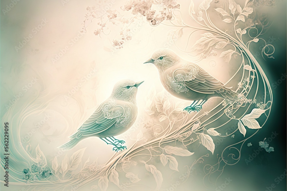Poster two birds sitting on a branch with a butterfly in the background and a swirly background with flower