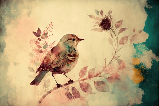  a bird sitting on a branch with leaves and flowers around it on a grungy background with a faded out effect effect to the bottom half of the picture and the image of the bird. generative ai