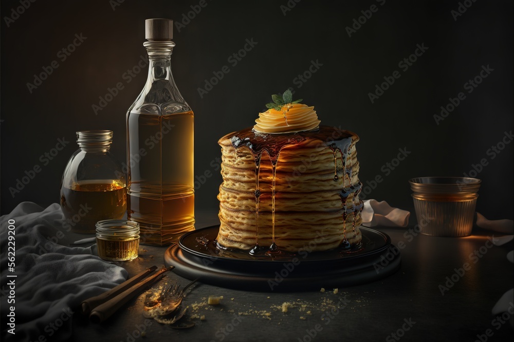 Poster a stack of pancakes with syrup and a bottle of honey on a table with a cloth and a spoon and a glass