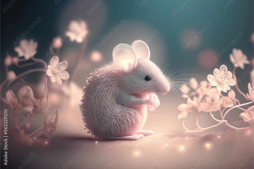 Poster a white mouse sitting on top of a table next to flowers and butterflies on a blue background with a 