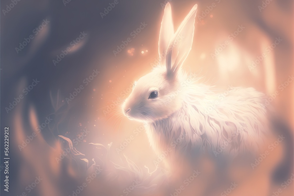 Poster a white rabbit is sitting in the woods looking at something in the distance with a blurry background
