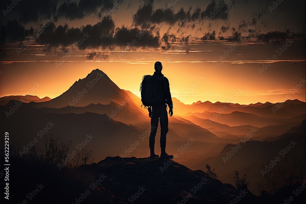 Aufkleber a man standing on top of a mountain at sunset with a backpack on his back and a mountain range in th