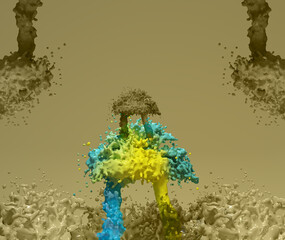 3d render, mix of colors, blue and yellow, splash