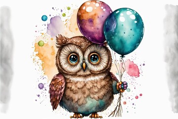  a watercolor painting of an owl holding a bunch of balloons and a string of string of string of string of string of string of string of string of string of string of string of string. Generated AI