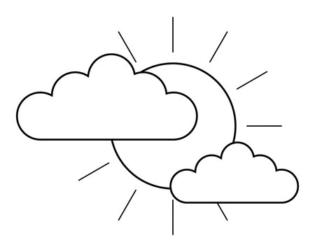 Simple icon in line art style with sun and clouds. Partly sunny weather forecast. Linear flat vector illustration isolated on white background