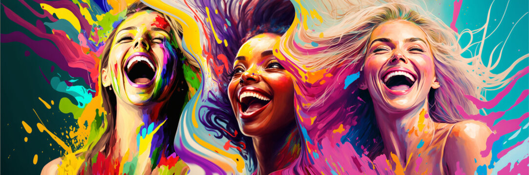 extremely happy young women, colorful spectacle of emotions with laughing faces of attractive females. Generative AI
