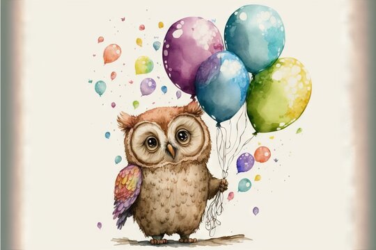  a watercolor painting of an owl holding balloons and a bird on a branch with a white background with a border of multicolored balloons and a white background with a white border with. Generative AI