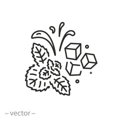 ice cubes with mint leaves icon, herb fresh peppermint, frozen menthol, thin line symbol on white background - editable stroke vector illustration