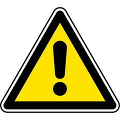 Black and yellow vector graphic of a hazard ahead sign. It consists of a black exclamation mark in a black triangle , with a yellow background