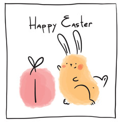 Handdrawn watercolor greeting card for holiday Happy Easter. Yellow bunny with red cheeks happily looks at gift box. Handwritten text. Square illustration for religious holiday. Brush stroke. gift