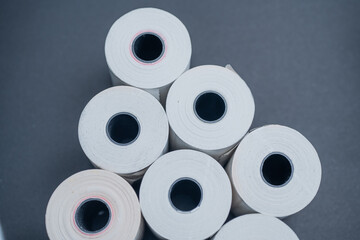 Rolls of white labels isolated. Labels for direct thermal or thermal transfer printing. Blank sticky label roll for thermal transfer printing pirce criss.
