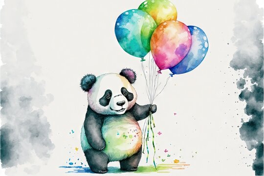  a panda bear holding a bunch of balloons in its paws and a watercolor painting of it's face behind it, with a white background and a black border, and a white background. Generated AI