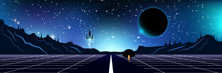 Fantastic world, deep space alien planet vector concept illustration. Web banner, header design template. Starry night background with mountains and spaceship start © Ulvur