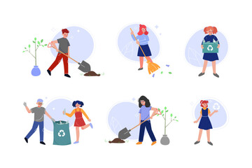 Boys and girls volunteers gathering waste for recycling and planting trees set. Nature and ecology protection cartoon vector illustration