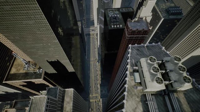 Fpv Drone Flies Over the Streets next to Modern Skyscrapers in the Center of a large Metropolis City. Digital Cinematic Metropolitan City