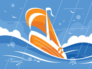 Sailboat in the sea or ocean caught in a storm. Seascape with red sailboat and stormy sky. Vector graphics