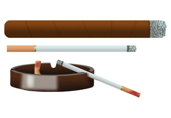 A cigarette is seen in an ashtray and another cigarette is seen with a cigar and ash in a 3-d illustration that is isolated and transparent.