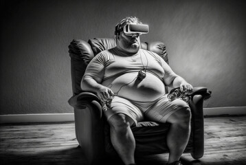 Fototapeta na wymiar a fictional person in a fictional place, an overweight man sits in his armchair at home and wears VR glasses while sticking out his fat belly. Generative AI