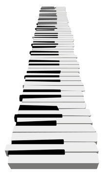A piano keyboard levitates above a surface in this image.
