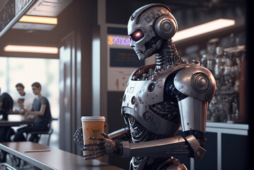 bad mood humanoid android robot with artificial intelligence works in a cafe or restaurant as a waitress or service. Generative AI - obrazy, fototapety, plakaty