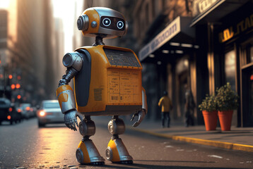 A fictional futuristic artificial intelligence delivery and transport robot operating on two legs with a transport box on a busy street in a big city at sunrise or sunset. Generative AI