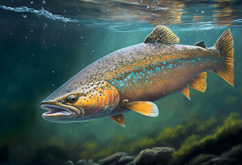 Fototapeta premium Neon Subaqueous Scene: A Realistic Illustration of Trout in Nature's Waterways