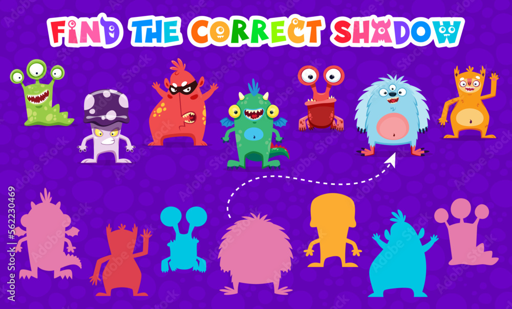 Poster find the correct shadow of cartoon monster characters. kids matching game worksheet with cute aliens