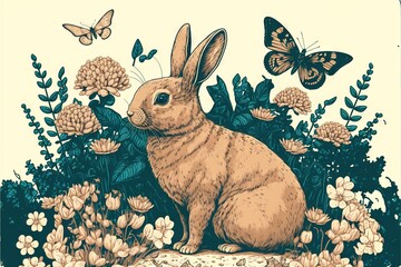  a rabbit sitting in a field of flowers and butterflies with a butterfly flying above it, in a vintage style illustration by hand drawn in color pencils and ink on paper paper, with. Generative AI