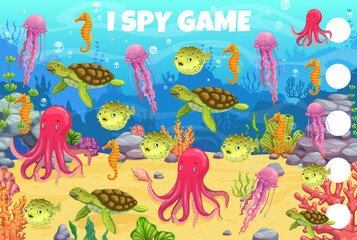 Fototapeta na wymiar I spy game cartoon underwater landscape and animals. Kids vector worksheet riddle, educational math puzzle for preschool children with octopus, sea horse, jellyfish, turtle and puffer fish in ocean