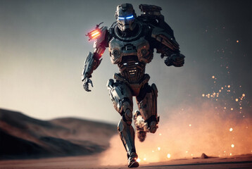 Fototapeta premium humanoid android robot with artificial intelligence or battle suit, the robot with AI runs through a street next to old buildings, Generative AI