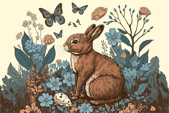  a rabbit sitting in the grass with flowers and butterflies around it, with a butterfly flying above it, and a butterfly in the background, with a blue flower and a white background. Generative AI