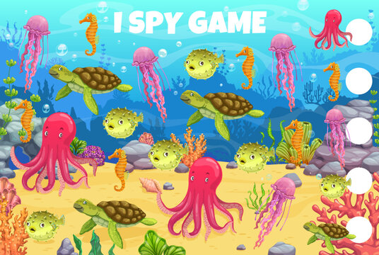 I spy game cartoon underwater landscape and animals. Kids vector worksheet riddle, educational math puzzle for preschool children with octopus, sea horse, jellyfish, turtle and puffer fish in ocean