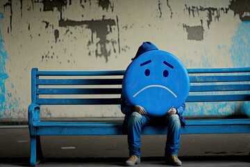 Blue Monday sad face concept on a bench, not a good day