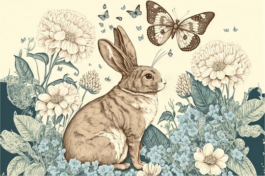  a rabbit sitting in a field of flowers with a butterfly flying above it and a butterfly flying above it, with a blue background of white flowers and blue butterflies, white background. Generative AI