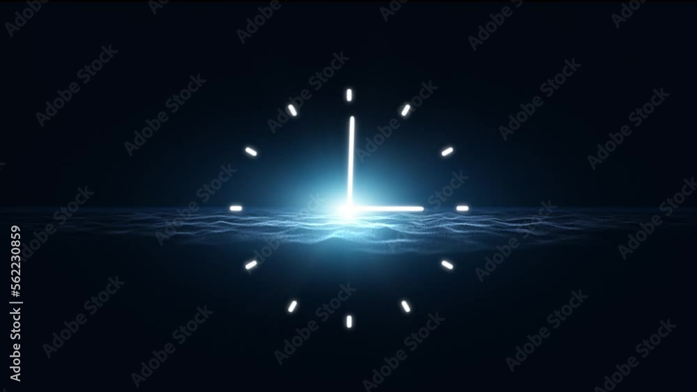 Poster infinity time looping clock on artistic wavy glowing light science animation background.