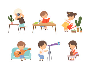 Daily routine of little boys and girl. Cute kids photographing, playing guitar, making clay pot, watering plants cartoon vector illustration