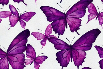 butterflies in lilac and pink watercolor painting. Soft and breezy with paint splatters; seamless pattern. Used for fibers, textiles, wallpaper, printing, and paper. Generative AI