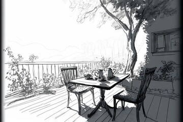 Obraz premium a table and chairs on a deck with a view of the mountains and trees in the background, with a teapot and a cup on the table with a teapot on it. Generative AI