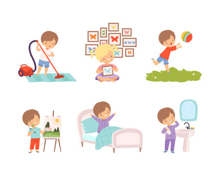 Daily routine of little boys and girl. Cute kids cleaning home with vacuum cleaner, playing ball outdoors, painting on canvas cartoon vector illustration