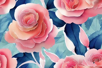 Roses bloom in a watercolor seamless design. Useful for digital paper, wrapping paper, wallpaper, fabric design, and surface textures. Generative AI