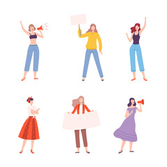 Fototapeta na wymiar Set of women protesting for their rights. Female characters standing with their hands raised, holding banner and shouting at loudspeaker flat vector illustration
