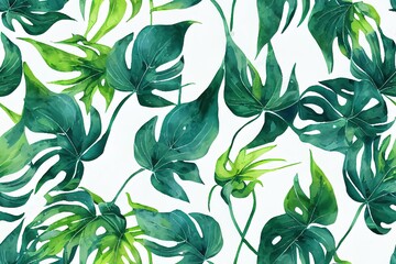 Seamless contour pattern with tropical foliage and flowers. Monstera, palm fronds, and a bird of paradise. Generative AI