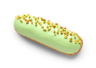 Delicious pistachio eclair isolated on white background