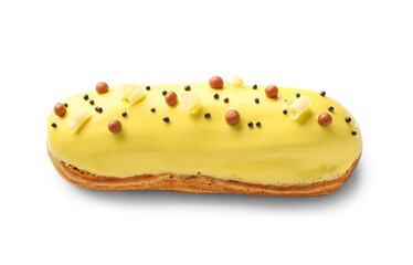 Delicious glazed eclair isolated on white background