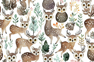 Seamless pattern of watercolor deer, owl, lynx, hedgehog, and ermine in the woods. Generative AI